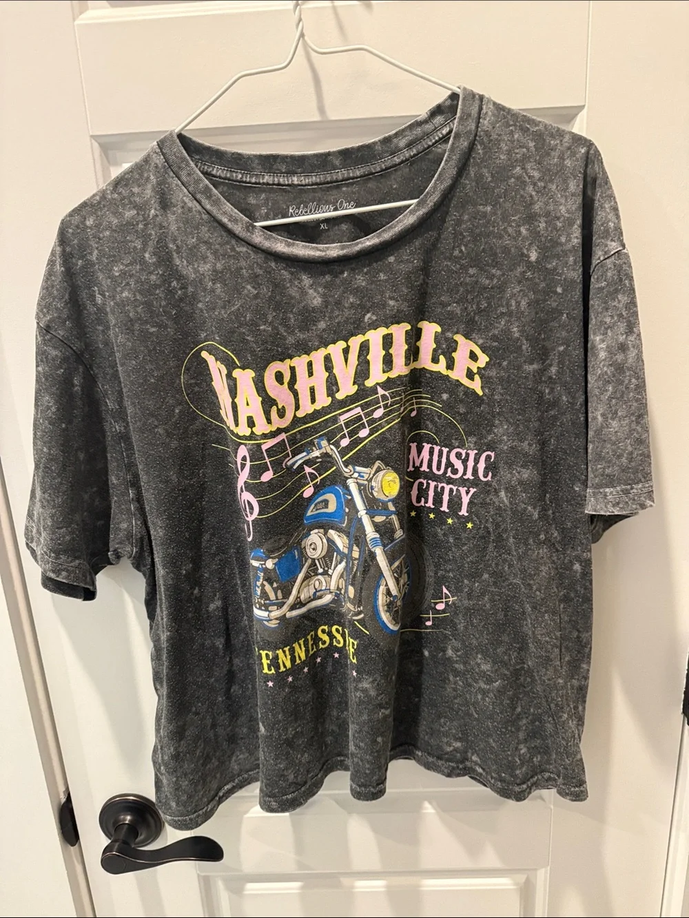 Rebellious One Black Nashville Motorcycle Graphic Tee with Blue Accent